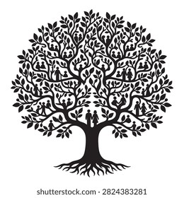 Intricate life tree vector illustration incorporating silhouettes of family members couples and children within branches. Creative graphic for heritage tracking DNA ancestry and multi generational connections.