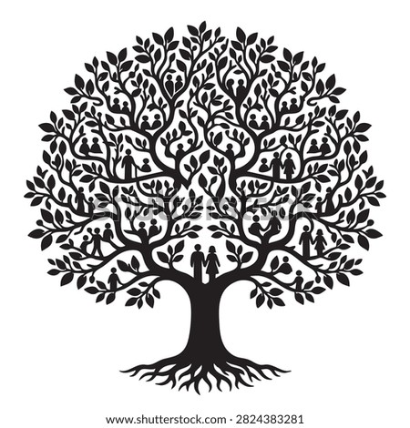 Intricate life tree vector illustration incorporating silhouettes of family members couples and children within branches. Creative graphic for heritage tracking DNA ancestry and multi generational connections.