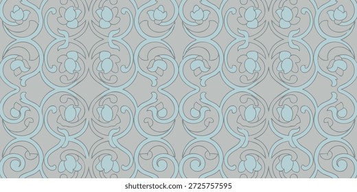 Intrincados padrões de redemoinho azul claro em um fundo cinza criando um design repetitivo perfeito com elementos florais de um ponto de vista aéreo