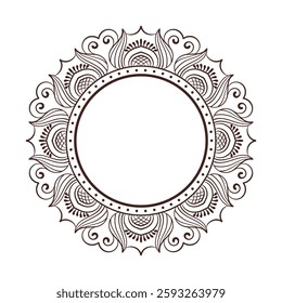 Intricate line art circular frame with floral and swirl patterns, featuring a scalloped outer edge, isolated on a white background.