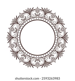 Intricate line art circular frame with floral and swirl patterns, isolated on a white background.