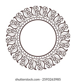 Intricate line art circular frame with stylized leaves, scrolls, and swirls, isolated on a white background.