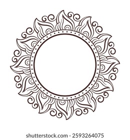 Intricate line art circular frame with flame-like petals, scrolls, and swirls, isolated on a white background.