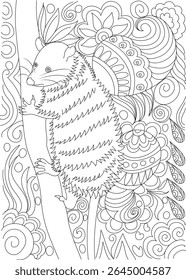 Página de cores intrincada da arte da linha com um animal preguiçoso bonito em um ramo da árvore e fundo abstrato detalhado para atenção e relaxamento
