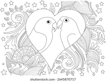 Intricate Line Art Coloring Page Featuring Two Lovebirds Forming a Heart Shape Surrounded by Decorative Swirls, Stars, and Detailed Patterns for Adult Coloring Books and Relaxation