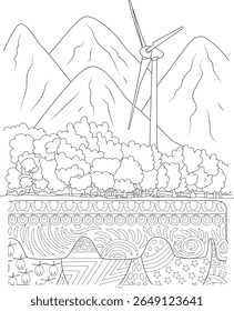 Intricate Line Art Coloring Page: Majestic Mountains, Modern Wind Turbine, Lush Forest, and Unique Abstract Patterns for Creative Expression, Relaxation, and Environmental Themes