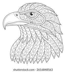 Intricate line art of an eagle's head with detailed patterns and swirls.