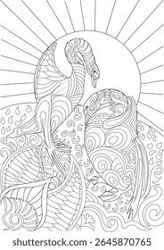 Intricate Line Art Illustration of Abstract Love Birds Pair with Sun Rays, Detailed Zentangle Doodle Style for Adult Coloring Page, Relaxation, Craft Projects, and Design Elements