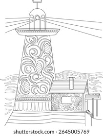 Intricate Line Art Illustration of a Decorative Lighthouse and Coastal Building with Ornate Patterns and Waves, Perfect for Coloring Pages, Nautical Themes, and Unique Design Elements