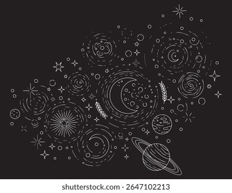 An intricate line art illustration featuring a cluster of stylized celestial bodies, including moons, stars, planets, and circular patterns.