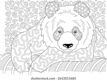 Ilustração de arte de linha intrincada de um panda gigante para livros de colorir adultos, apresentando espirais detalhados e padrões abstratos em um fundo branco, perfeito para relaxamento e atenção.