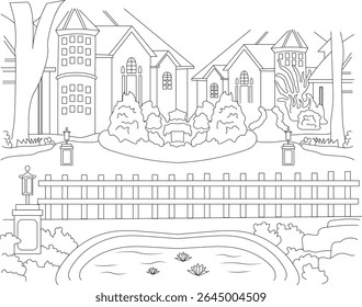Intricate line art illustration of a large house with a beautiful garden, detailed fence, trees, and a tranquil pond with lily pads, perfect for coloring books or decorative designs.