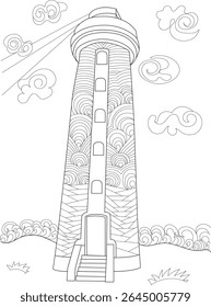 Intricate Line Art Illustration of a Lighthouse with Abstract Patterns for Relaxation, Mindfulness, and Creative Coloring Book Activity - Lighthouses 24P