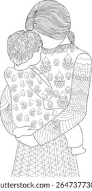 Uma intrincada ilustração artística em linha de uma mãe amorosa abraçando seu bebê ou criança, projetada para livros de colorir adultos, simbolizando amor incondicional, vínculo familiar e momentos ternos.