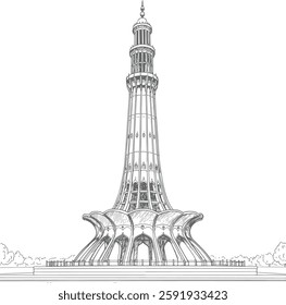 Intricate line art illustration of Minar-e-Pakistan, iconic historical monument in Lahore, Pakistan, featuring detailed architectural elements and cultural significance
