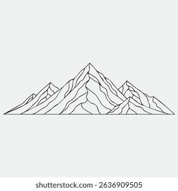 Intricate line art illustration of multiple mountain peaks and a rocky range. Perfect for nature landscapes, adventure themes, outdoor logos, travel designs, or hiking graphics. Detailed and scalable 