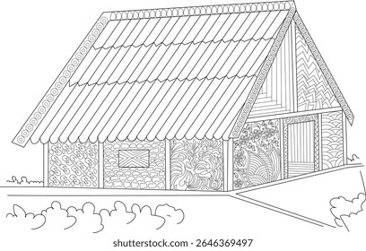 Intricate Line Art Illustration of a Stylized House with Detailed Decorative Patterns on Walls and Roof, Perfect for Adult Coloring Books and Creative Projects, Black and White Vector Graphic.