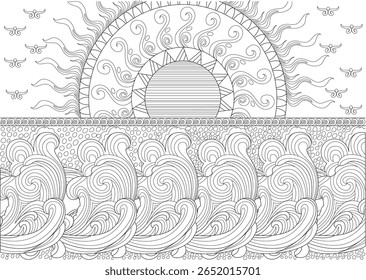 Ilustração de arte de linha intrincada de um sol estilizado nascendo sobre ondas oceânicas abstratas, perfeito para livros de colorir adultos, arte zen, e desenhos inspirados na natureza serena com espirais detalhadas.