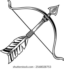 Intricate line art illustration of a traditional bow and arrow, ideal for archery, mythology, and design projects