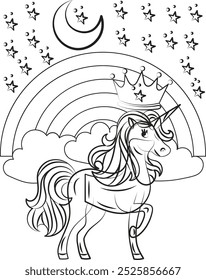 Intricate line art of a majestic unicorn, featuring elegant curves and a detailed mane, embodying grace and fantasy in a minimalist style. 