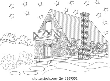 Uma intrincada arte de linha de uma casa medieval para colorir. Possui uma varanda encantadora, uma chaminé detalhada e estrelas extravagantes. Ideal para relaxamento.