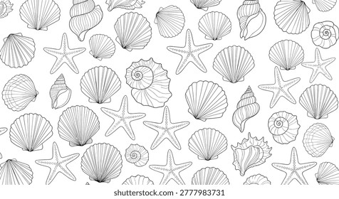 Intricate line art pattern features a variety of detailed seashells and starfish scattered across a clean white background for coloring.
