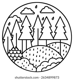 Intricate line art of a rainy forest with hidden creatures" – add tiny details like animals peeking through