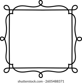 An intricate line art square frame with decorative loops and curves. The ornamental design creates a symmetrical border with delicate swirls. Cartoon vector illustration.