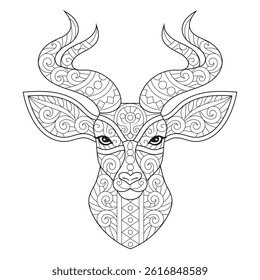 Intricate line art of a stylized deer head with ornate patterns, suitable for coloring.