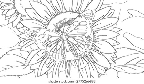 Intricate line art vector of a delicate butterfly with patterned wings resting on the petals of a large sunflower.