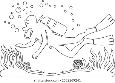 Intricate line art vector design capturing a diver exploring the depths of the ocean, surrounded by graceful marine life and delicate coral reefs.