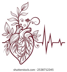 An intricate line drawing of a human heart intertwined with flourishing plants, symbolizing the interconnectedness of life and the power of growth. The heart beat line adds a dynamic element.