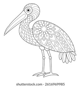 Intricate line drawing of a stylized bird with geometric patterns, suitable for coloring.