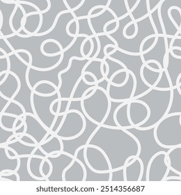 Intricate Line Gray Seamless Pattern. Neutral gray abstract background with curve scribble doodle chaotic texture. Repeat vector illustration