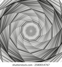 Intricate line spiral. Abstract swirl shape. Black white geometry. Vector radial pattern.