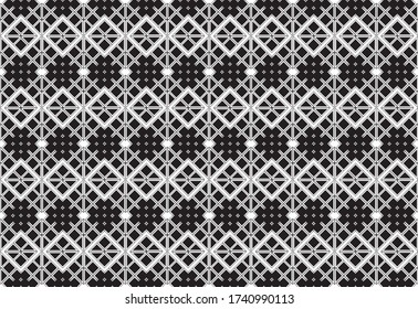 Intricate linear black and white repeating pattern of squares and diamond shapes, vector illustration