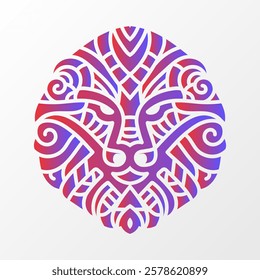 Intricate lion face illustration with abstract tribal patterns, bold swirls, and vibrant red-blue gradient in a circular layout.