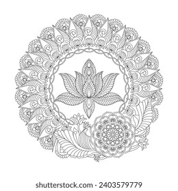 Intricate lotus mandala coloring book page for kdp book interior. Peaceful Petals, Ability to Relax, Brain Experiences, Harmonious Haven, Peaceful Portraits, Blossoming Beauty mandala design.