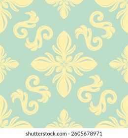 Intricate Luxury Scroll Ornament Seamless Pattern with Golden Silk Weaves on Pastel Green Background. Curly Ornate Element Detailed Florals Baroque Style Design for Decoration Embroidery Batik Apparel