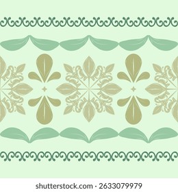 Intricate Luxury Textiles Design about Abstract Waterlily Florals Design with Gold Scroll Ornament on Green Shades Background. Timeless Classy Baroque Hand Drawn Pattern Border for textiles embroidery