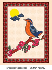 Intricate Madhubani Artwork: Bird and Floral Motif. Madhubani art, Mithila painting, Indian folk art, Traditional Indian art