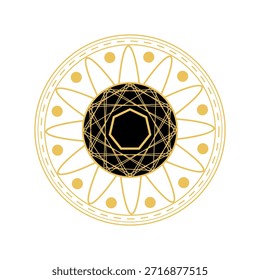 Kompliziertes magisches Kreissymbol mit einem zentralen schwarzen Achteck, komplexen goldenen Linien, die sternförmige Muster bilden, und dekorativen äußeren Ringen, die spirituelle Harmonie und Schutz darstellen