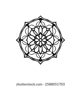 Intricate Mandala: Black and White Circular Pattern, Geometric Flower Design, Spiritual Symbol, Cultural Art, Decorative Element