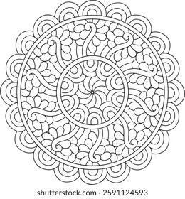 Intricate Mandala Coloring Page, Detailed Zen Pattern for Mindful Relaxation And Stress Relief Coloring Page