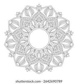 Intricate Mandala Coloring Page with Floral Lotus Pattern - Detailed Adult Coloring Book Design Vector Art