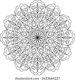 Intricate mandala coloring page with hearts and stars. Perfect for mindfulness, relaxation and stress relief