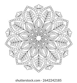Intricate Mandala Coloring Page with Ornate Floral Patterns and Decorative Elements - Adult Stress Relief Vector Art