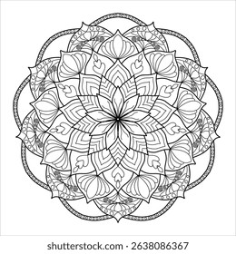 Intricate Mandala Coloring Page Vector Art - Detailed Floral Lotus Pattern Adult Stress Relief Design Black White Outline