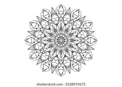 Design de mandala intrincado em preto e branco sobre um fundo branco limpo, destacando simetria e finesse artística