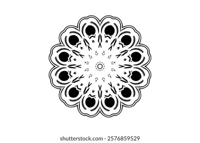 Intricate mandala design with central black circle and layered geometric patterns
